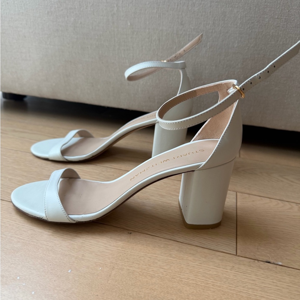 Stuart Weitzman White Nudist Block Heel Sandals